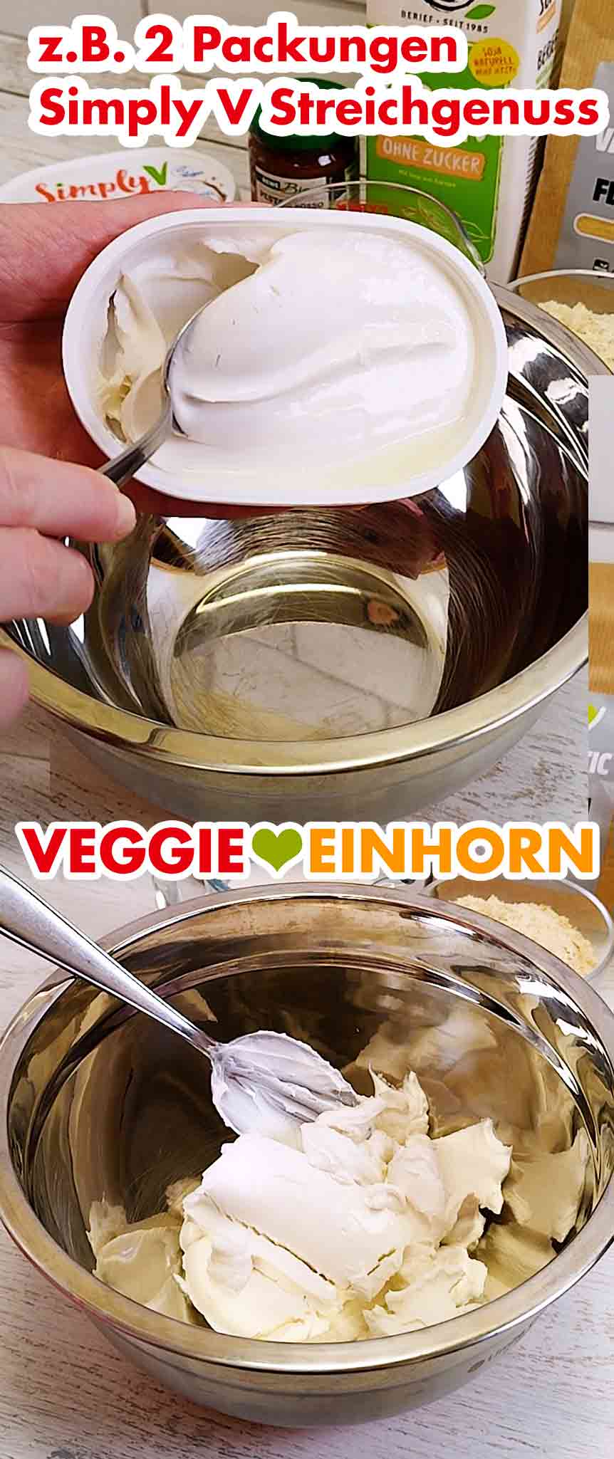 Veganer Frischkäse für die Linsenlasagne. Zwei Packungen Simply V Streichgenuss werden in eine Schüssel gegeben.