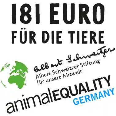 Grafik mit dem Text 181 Euro für die Tiere sowie den Logos der Albert Schweitzer Stiftung für unsere Mitwelt und Animal Equality Germany auf weißem Hintergrund.