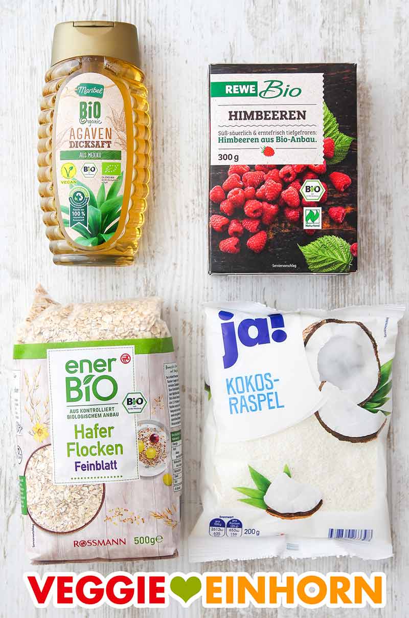 Agavendicksaft, tiefgefrorene Himbeeren, Haferflocken, Kokosraspel