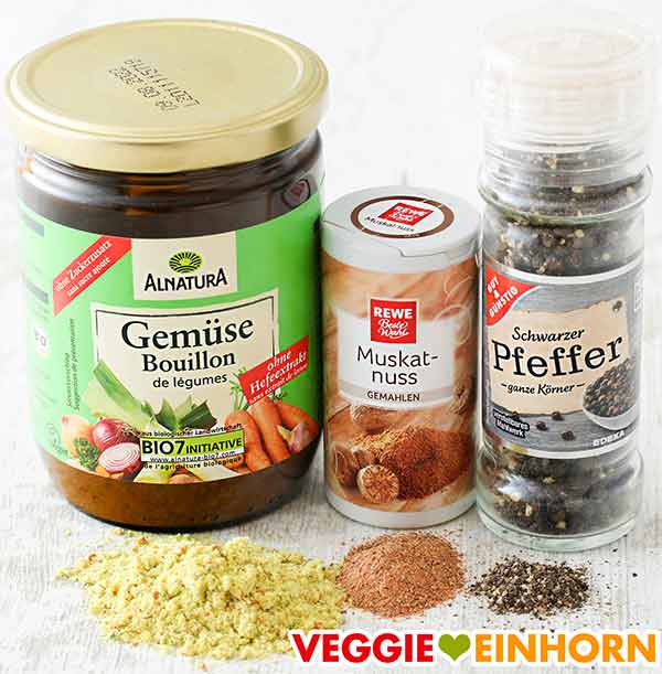 Alnatura Gemüse Bouillon, Rewe Muskat, Gut und Günstig Pfeffer Gemüsebrühe Pulver, gemahlene Muskatnuss, schwarzer Pfeffer