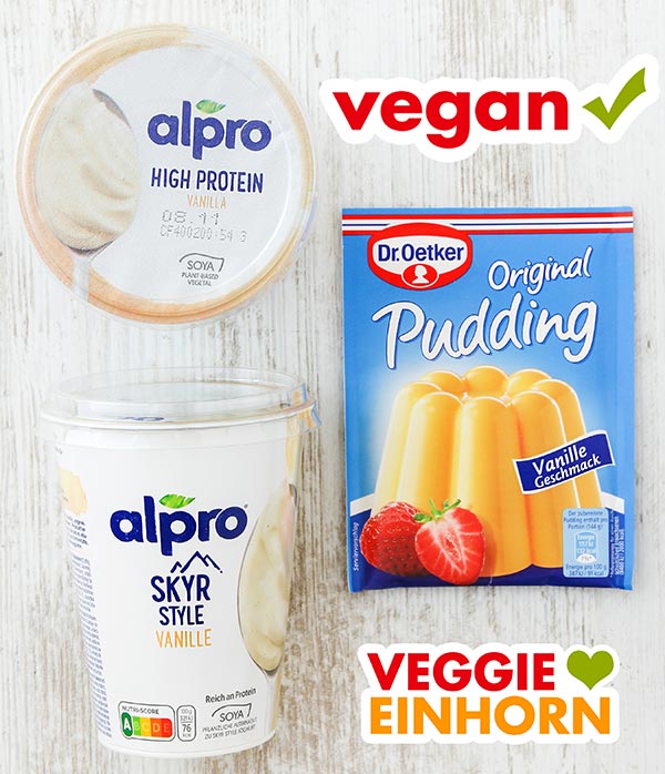 Veganer Vanilleskyr von Alpro und veganes Puddingpulver von Dr. Oetker Alpro Skyr Style Vanille und Vanillepuddingpulver