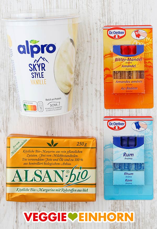 Alpro Skyr Style Vanille (veganer Quark), Alsan Butter, Backaroma