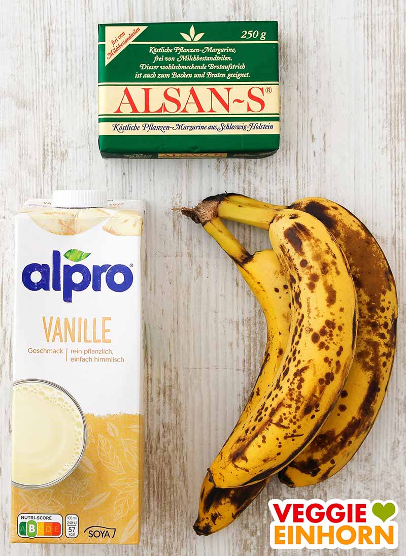 Vegane Alsan Butter, Vanill Sojadrink von alpro, Bananen Alsan-S Margarine, Vanille Sojamilch, reife Bananen
