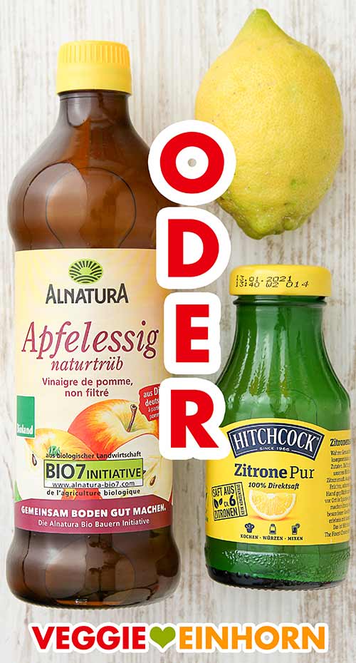 Apfelessig und Zitronensaft bringen die typische leichte Säure in die Dönersoße. Eine Flasche Apfelessig, eine Zitrone, eine Flasche Zitronensaft