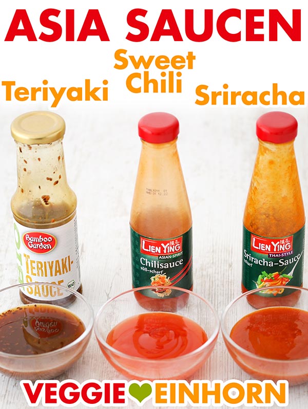 Bamboo Garden Teriyaki Sauce, Lien Ying Chilisauce, Lien Ying Sriracha Sauce Drei Flaschen mit Asia Saucen