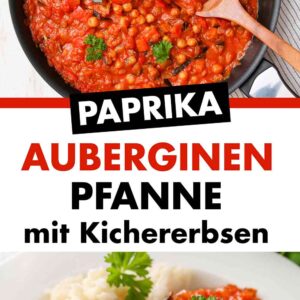 Paprika Auberginen Pfanne mit Kichererbsen in einer Pfanne und auf einem Teller