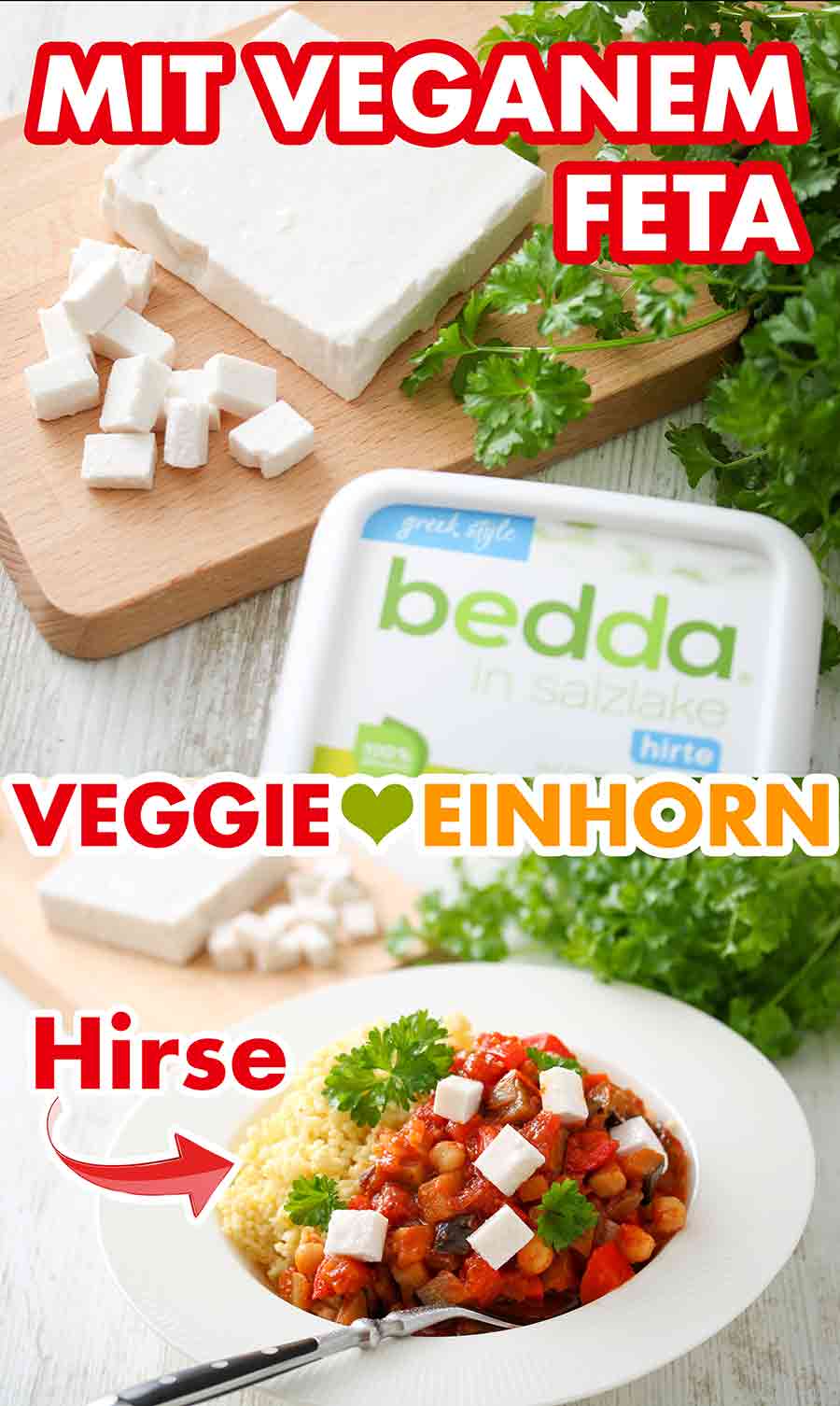 Mit veganen Fetawürfeln und gekochter Hirse als Beilage Auberginen Paprika Pfanne mit Hirse und veganem Feta auf einem Teller