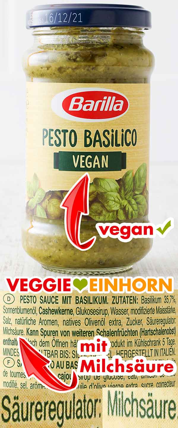 Barilla Pesto enthält vegane Milchsäure. Ein Glas veganes Pesto von Barilla