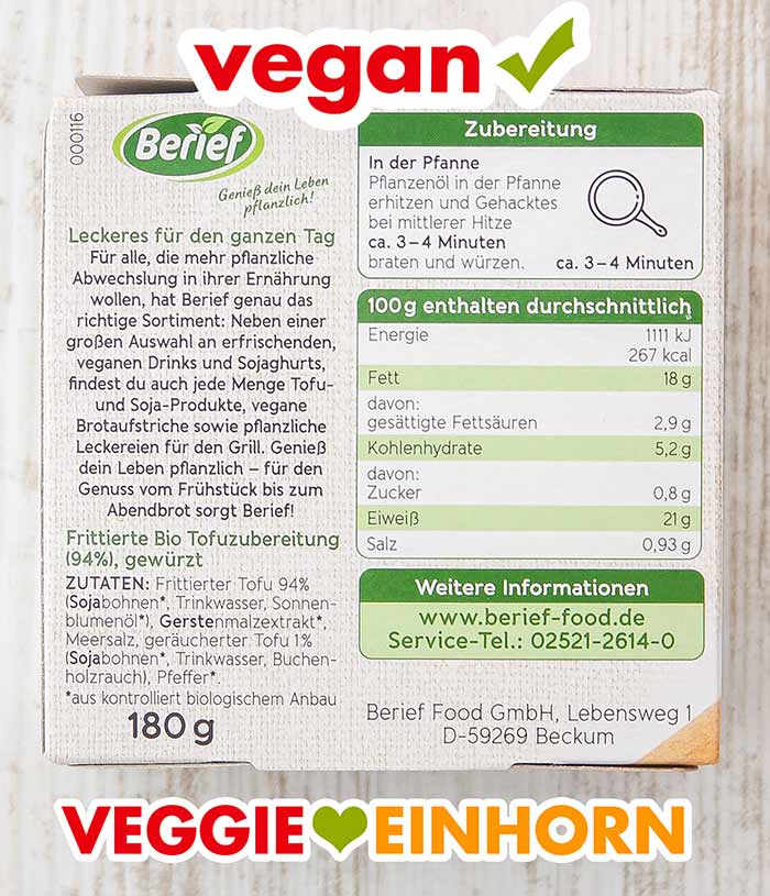Rückseite der Packung Berief Tofu Gehacktes