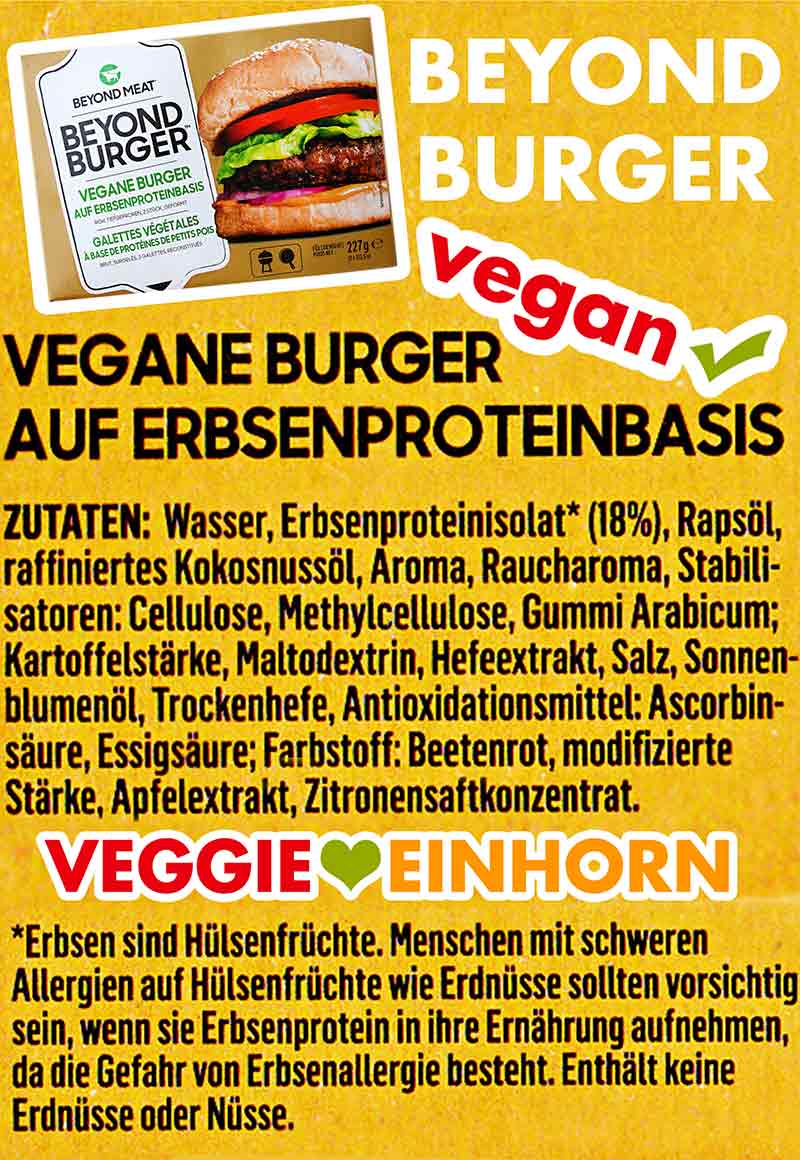 Inhaltsstoffe Beyond Meat Burger Zutatenliste von der Packung des Beyond Burgers