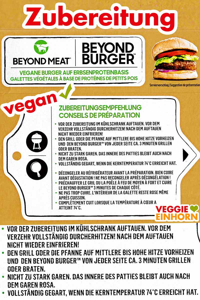 Beyond Meat Burger zubereiten Hinweise zur Zubereitung auf der Packung des Beyond Burgers