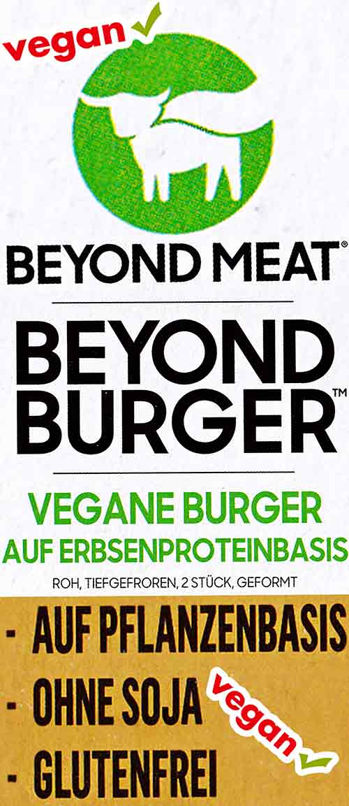 Der Beyond Burger ist vegan, ohne Soja und glutenfrei. Text von der Verpackung des Beyond Burgers