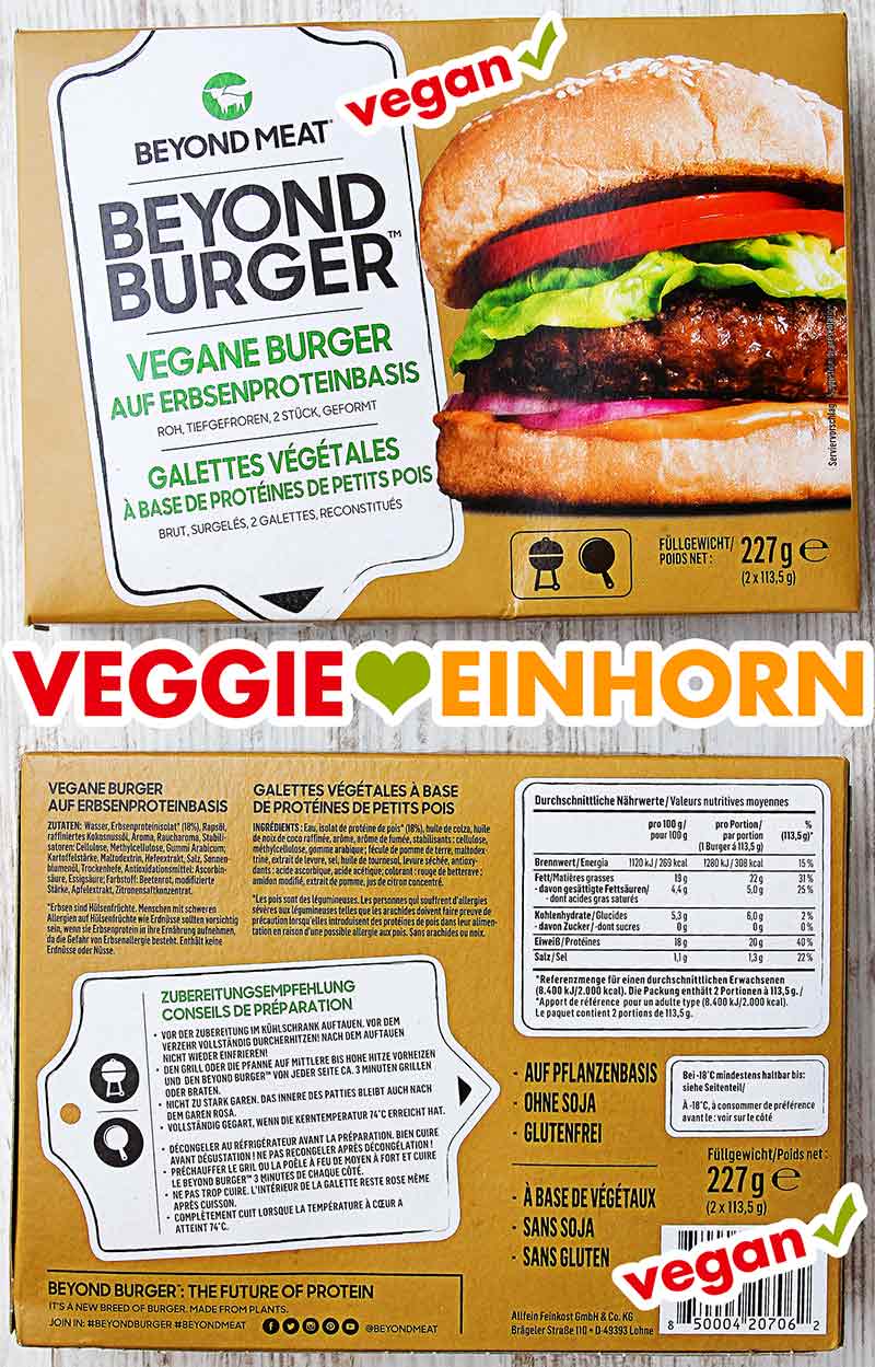 Packung der Beyond Meat Burger Vorderseite und Rückseite der Verpackung