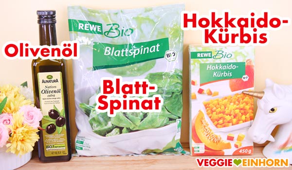 Alnatura Olivenöl, Rewe Bio TK Blattspinat, tiefgefrorener Kürbis Zutaten tiefgekühlter Blattspinat und Hokkaido-Kürbis