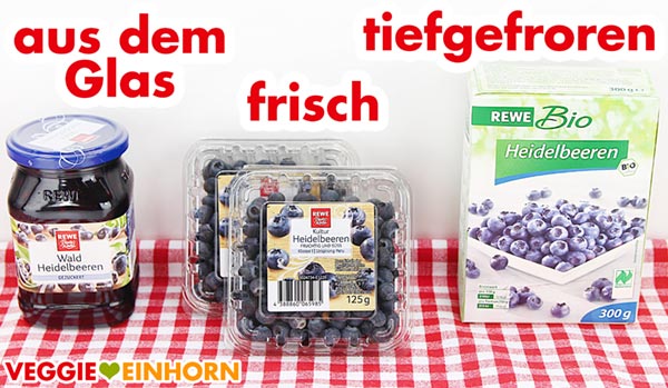 Blaubeeren aus dem Glas, frische und tiefgefrorene Heidelbeeren