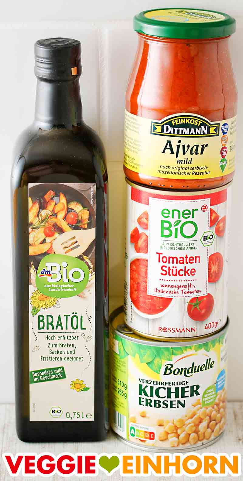 dm Bratöl, Dittmann Ajvar, enerBIO Tomaten, Bonduelle Kichererbsen Bratöl, Ajvar, Tomaten aus der Dose, Kichererbsen