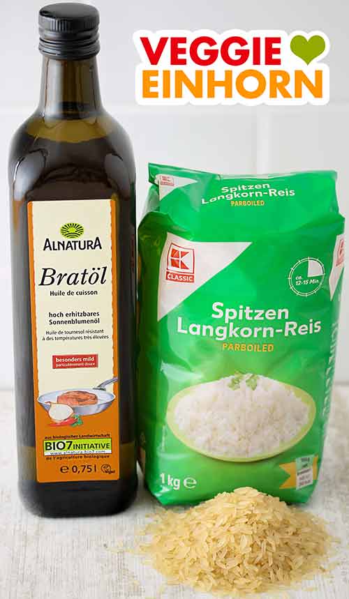 Öl zum Braten und Parboiled Reis Eine Flasche Bratöl von Alnatura und eine Packung Langkornreis parboiled von Kaufland