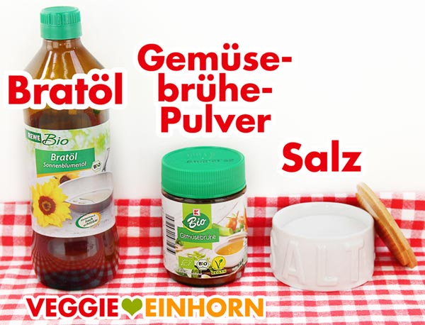 Bratöl, veganes Gemüsebrühepulver, Salz Bratöl, veganes Gemüsebrühepulver, Salz