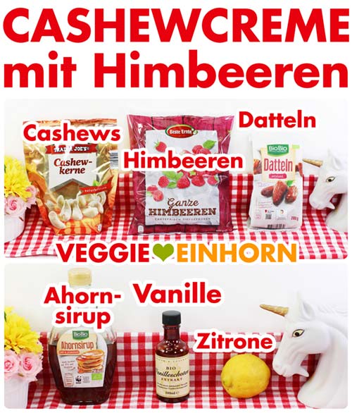 Zutaten für vegane Cashewcreme mit Himbeeren und Datteln Zutaten für vegane Cashewcreme mit Himbeeren und Datteln