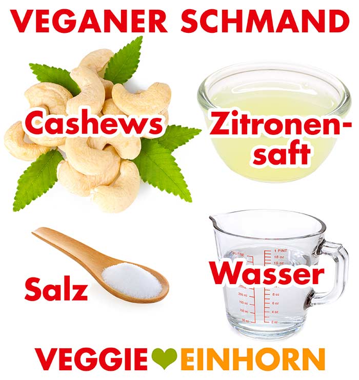 Zutaten für vegane Schmand Alternative aus Cashews Cashewkerne, Zitronensaft, Salz und Wasser