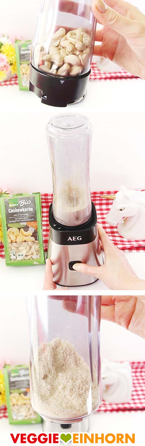 Cashews mahlen in einem kleinen Standmixer