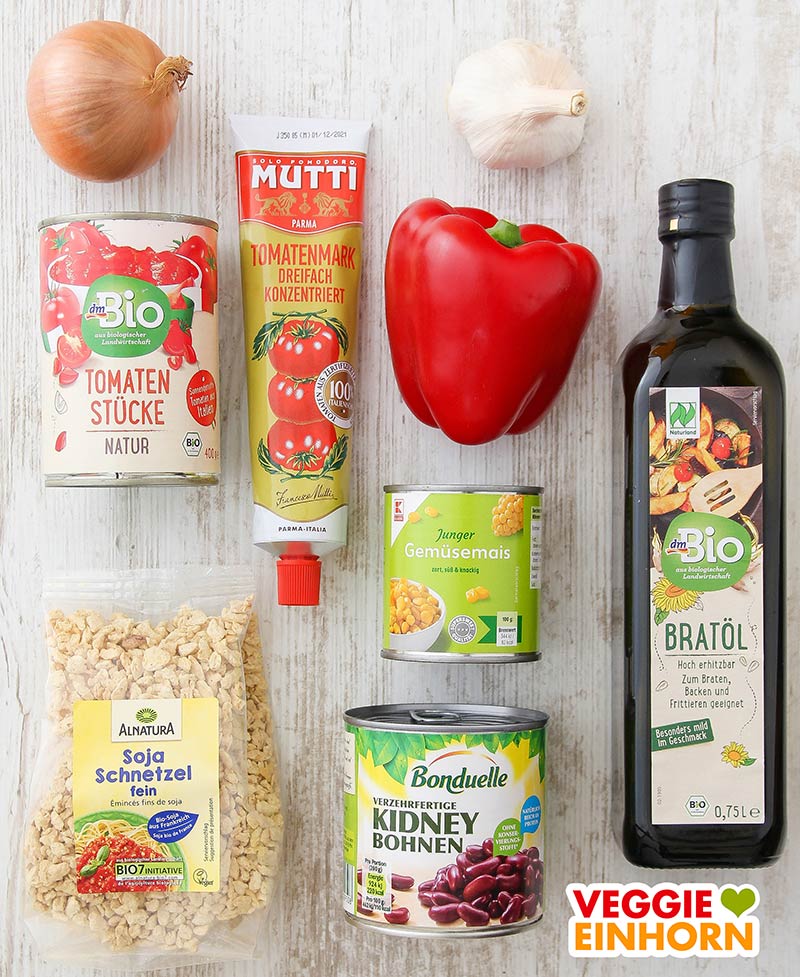 Zutaten für Chili sin Carne mit feinen Sojaschnetzeln