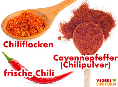 Chiliflocken, Cayennepfeffer und frische Chili