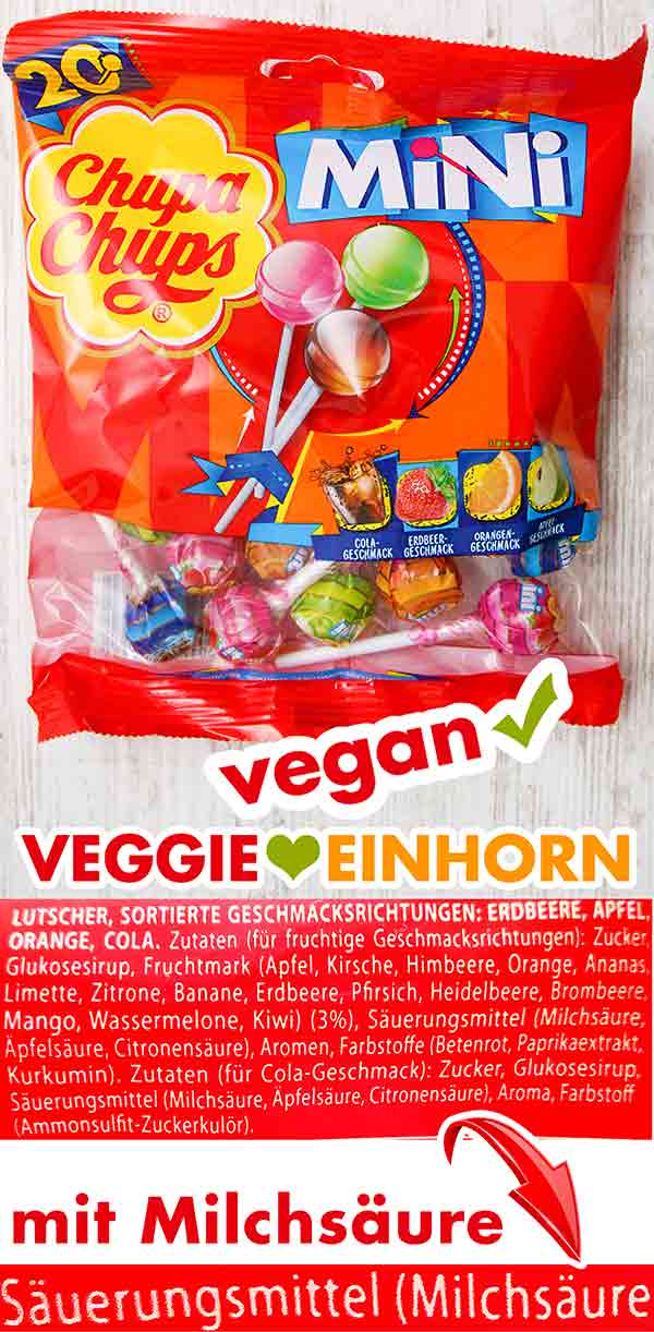 Die veganen Lollies enthalten Milchsäure. Eine Packung Lollies von Chupa Chups