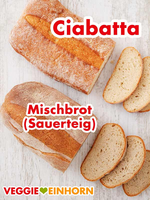 Ein Laib Ciabatta und ein Mischbrot mit Sauerteig