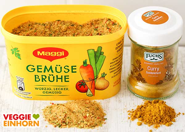 Gemüsebrühe und Curry Pulver Eine Packung Maggi Gemüsebrühe und Goldelefant Curry von Fuchs