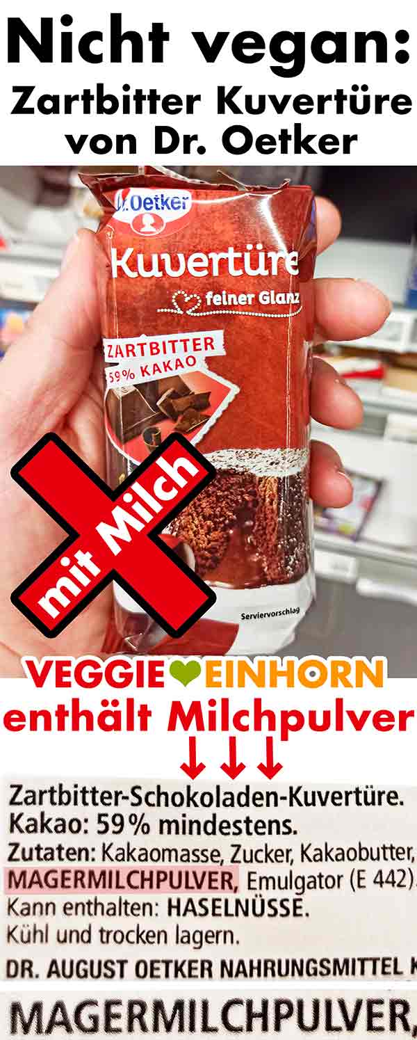 Zartbitterkuvertüre von Dr. Oetker ist nicht vegan. Eine Packung Dr. Oetker Zartbitter Kuvertüre im Supermarkt