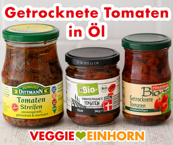 Drei Gläser mit getrockneten Tomaten in Öl