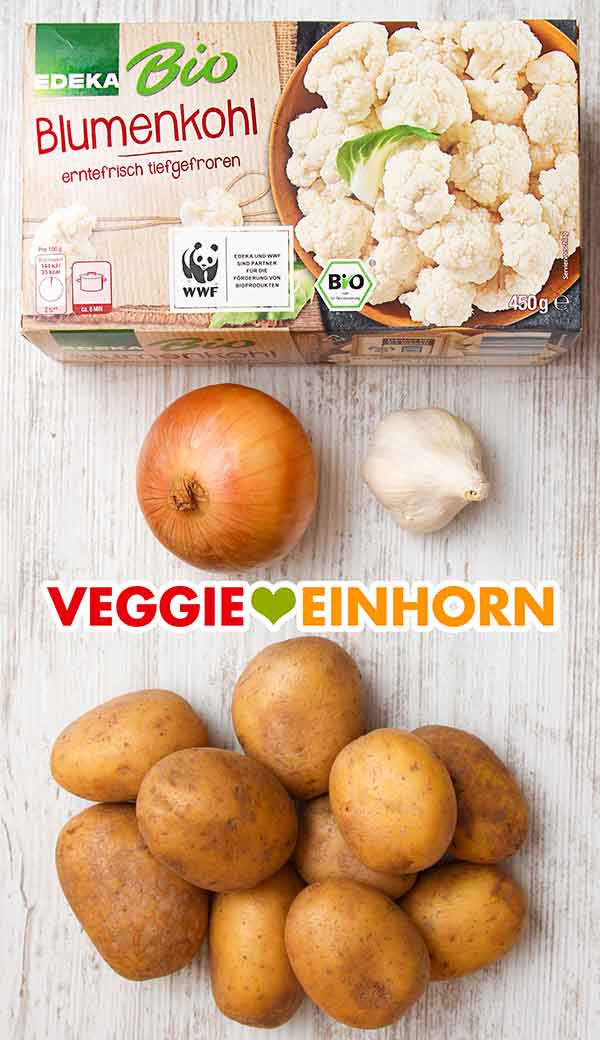 TK Blumenkohl, Zwiebel, eine Knolle Knoblauch, festkochende Kartoffeln Eine Packung tiefgekühlter Blumenkohl, Zwiebel, Knoblauch, Kartoffeln