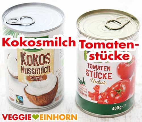 Eine Dose Kokosmilch und eine Dose Tomatenstücke