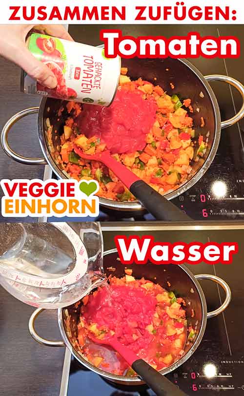 Tomaten und Wasser für den Rote Linsen Eintopf Eine Dose Tomaten und Wasser zum Eintopf zufügen