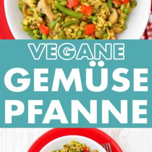 Vegane Reispfanne mit Pilzen und grünen Bohnen