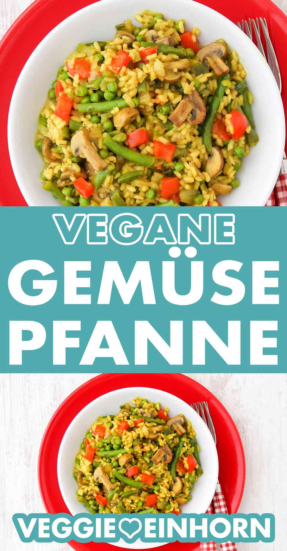 Die Gemüsepfanne mit Reis ist vegetarisch und vegan. Vegane Reispfanne mit Pilzen und grünen Bohnen