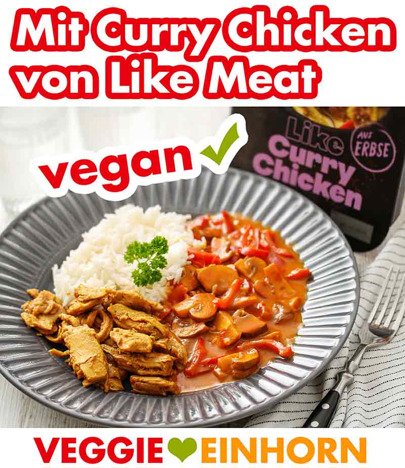 Paprika Curry mit veganem Curry Chicken von Like Meat Ein Teller mit Paprika Curry und veganem Hähnchenfleisch von Like Meat