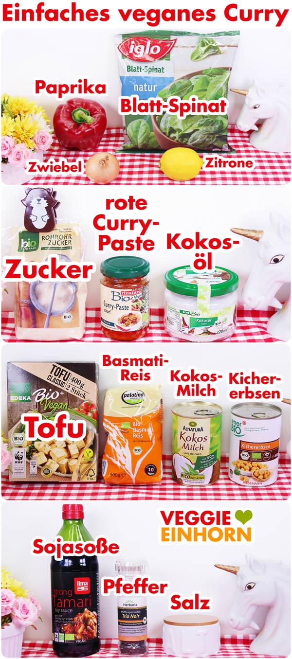 Verwendete Produkte für Curry mit Spinat, Paprika und Tofu