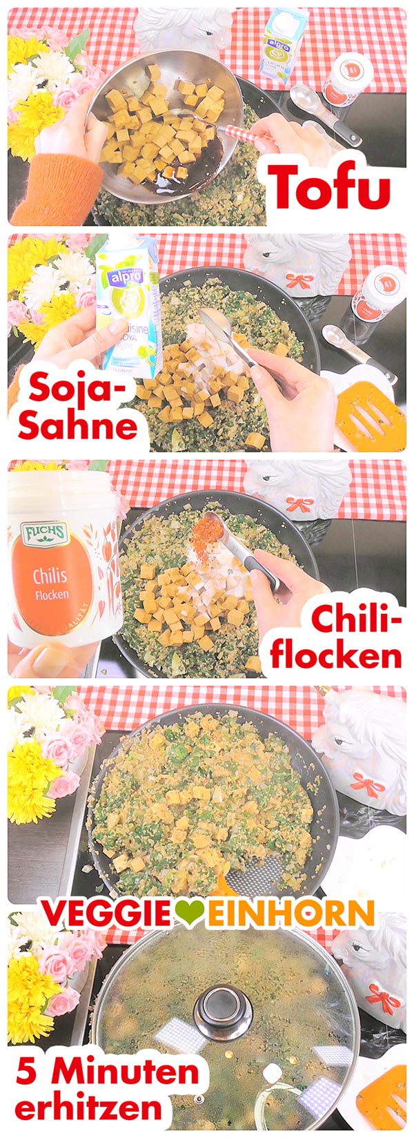 Tofu, Soja Cuisine und Chiliflocken zufügen