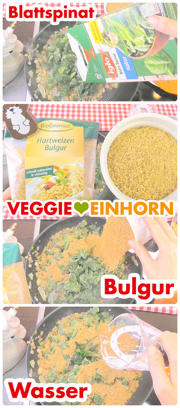 Spinat, Bulgur und Wasser zufügen