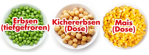 Tiefgefrorene Erbsen, Kichererbsen und Mais aus der Dose