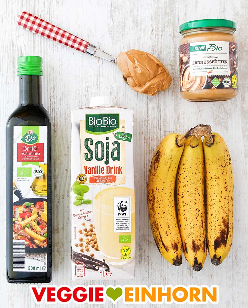Rewe Bio Creamy Erdnussbutter, Kaufland K Bio Braöl,, BioBio Soja Vanille Drink, reife Bananen Erdnussbutter, neutrales Öl, Vanille Sojamilch, reife Bananen