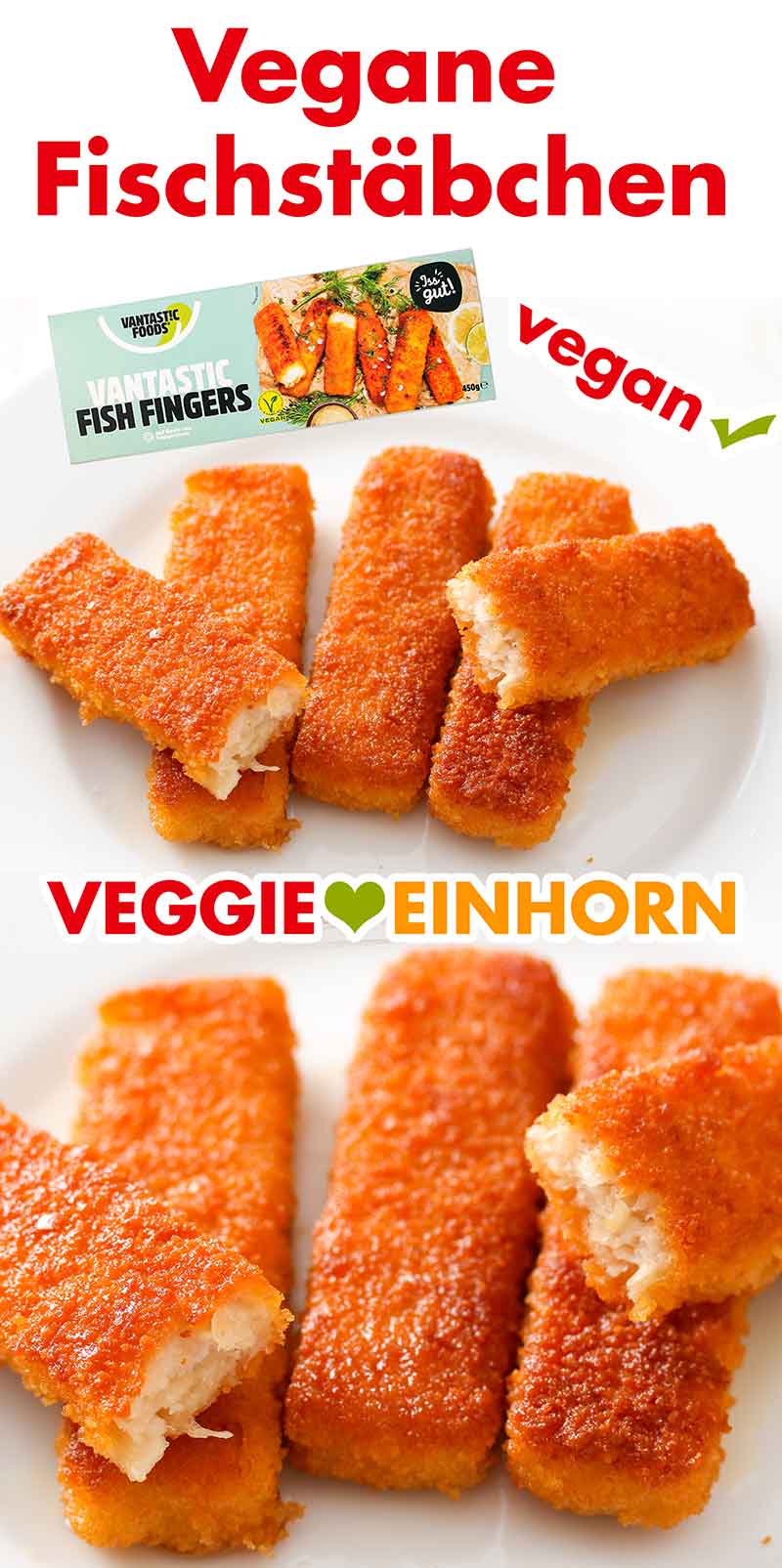 Gebratene vegetarische Fish Fingers von Vantastic Foods Gebratene vegane Fischstäbchen von Vantastic Foods auf einem Teller