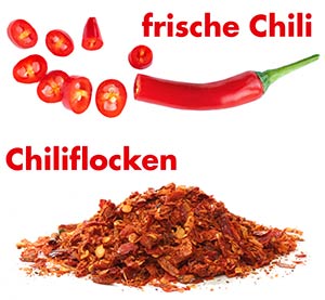 Chilischote und Chili Flocken Frische Chili Schote und getrocknete Chiliflocken