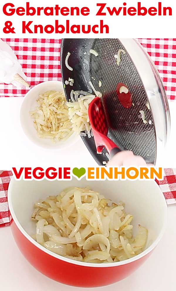 Gebratene Zwiebeln und Knoblauch für veganes Kartoffelgratin Gebratene Zwiebeln und Knoblauch für veganes Kartoffelgratin