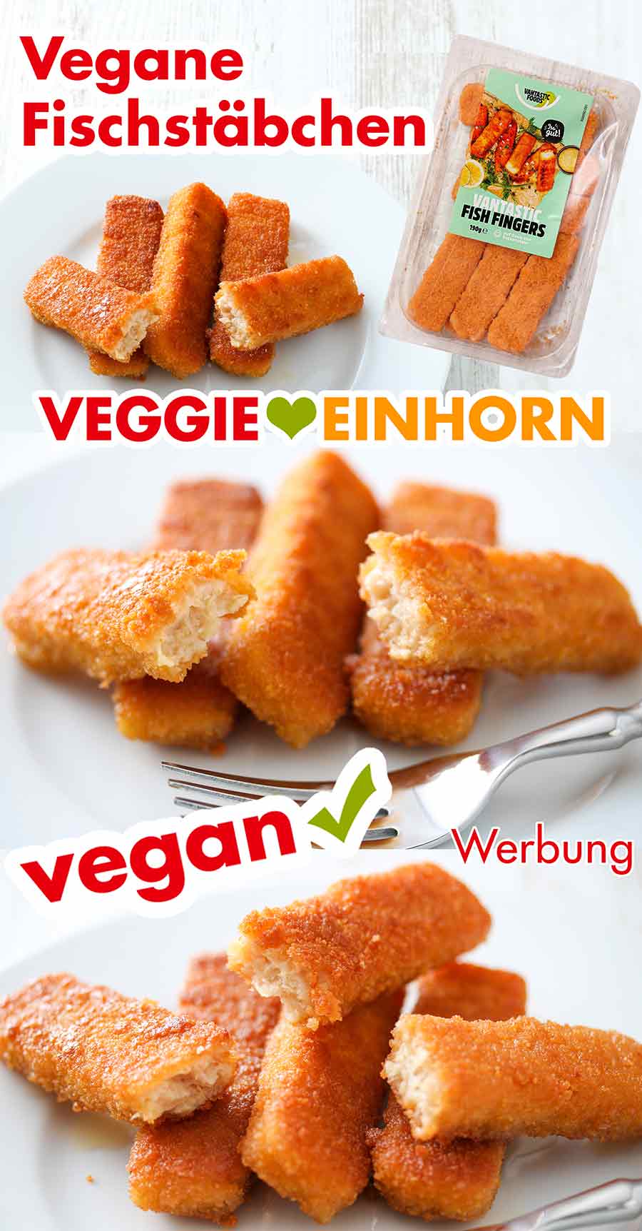 Vegetarische Fischstäbchen von Vantastic Foods auf einem Teller Ein Teller mit vegetarischen Fischstäbchen von Vantastic Foods