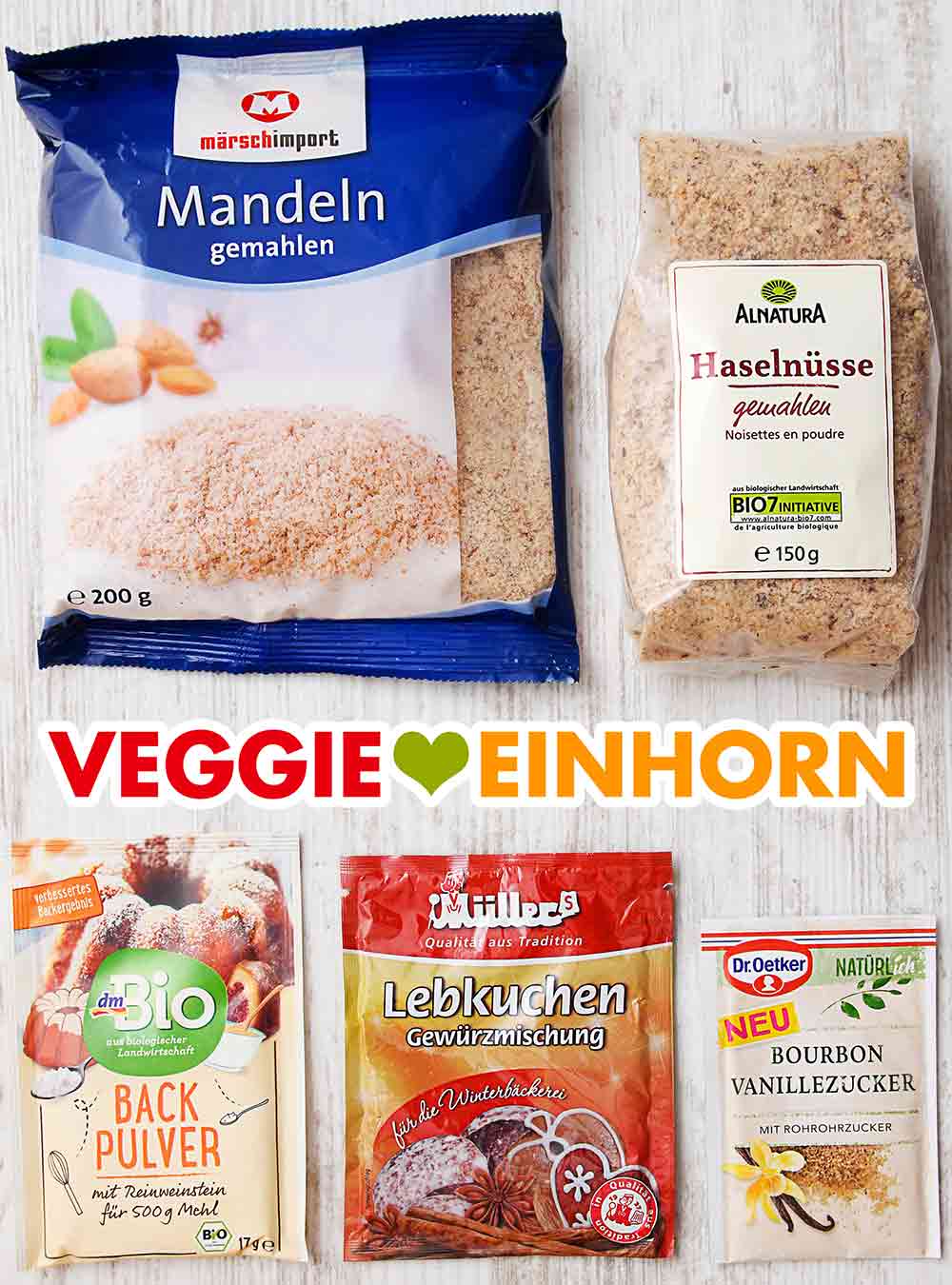 Mandeln, Alnatura Haselnüsse, dm Backpulver, Müller Lebkuchengewürz, Dr. Oetker Vanillezucker Gemahlene Mandeln, Haselnüsse, Weinsteinbackpulver, Lebkuchengewürz, Bourbon Vanillezucker