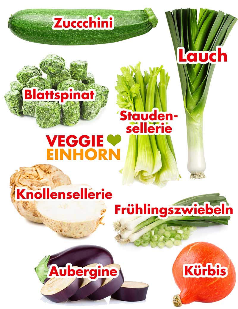 Zucchini, Blattspinat, Staudensellerie, Knollensellerie, Lauch, Frühlingszwiebeln, Kürbis, Aubergine