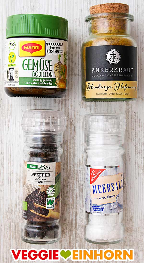 Gemüsebrühe, Currypulver, Pfeffer, Salz Gemüsebrühe Pulver, Ankerkraut Currypulver, schwarzer Pfeffer, Meersalz